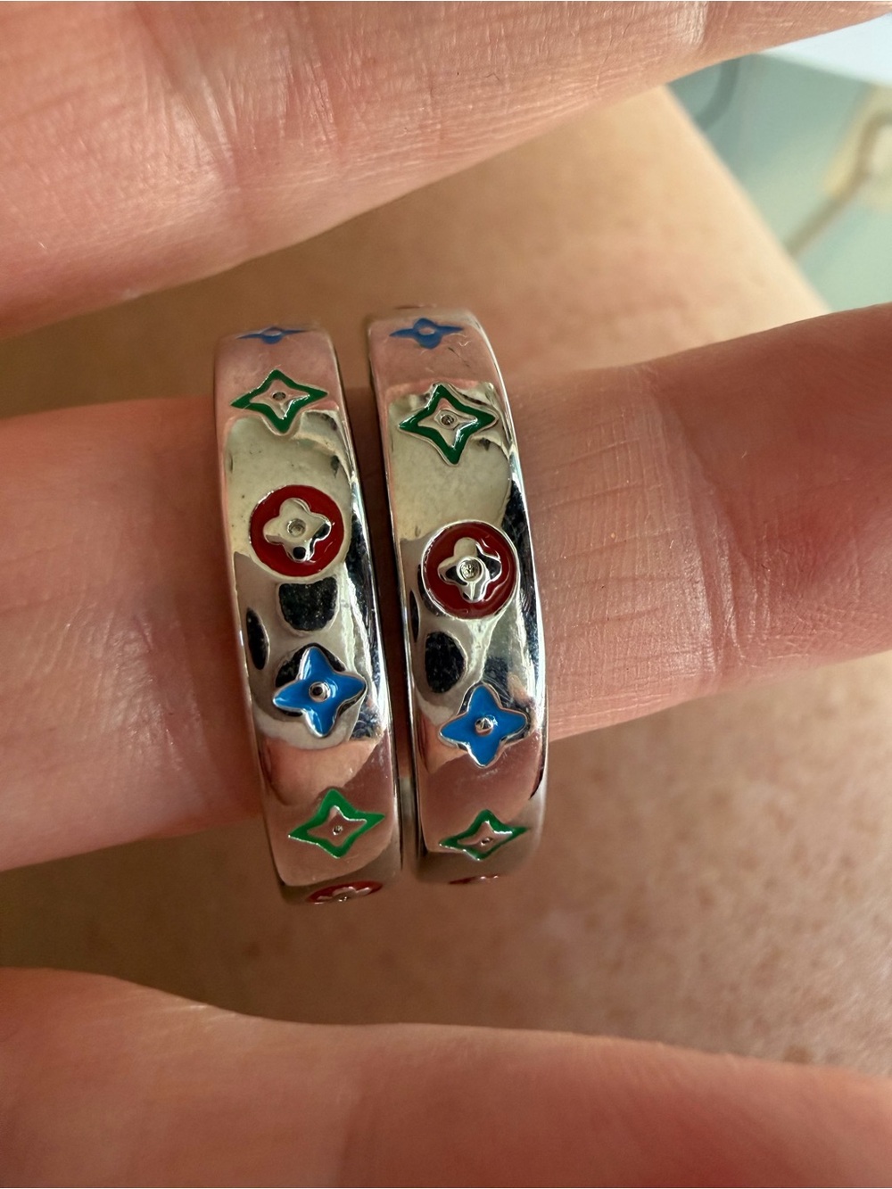 Silver Tone Multi-Color Enamel Hoop Earrings - Green, Blue, Red